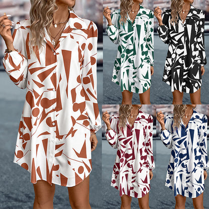 Women's Lapel Lantern Sleeve Print Dress