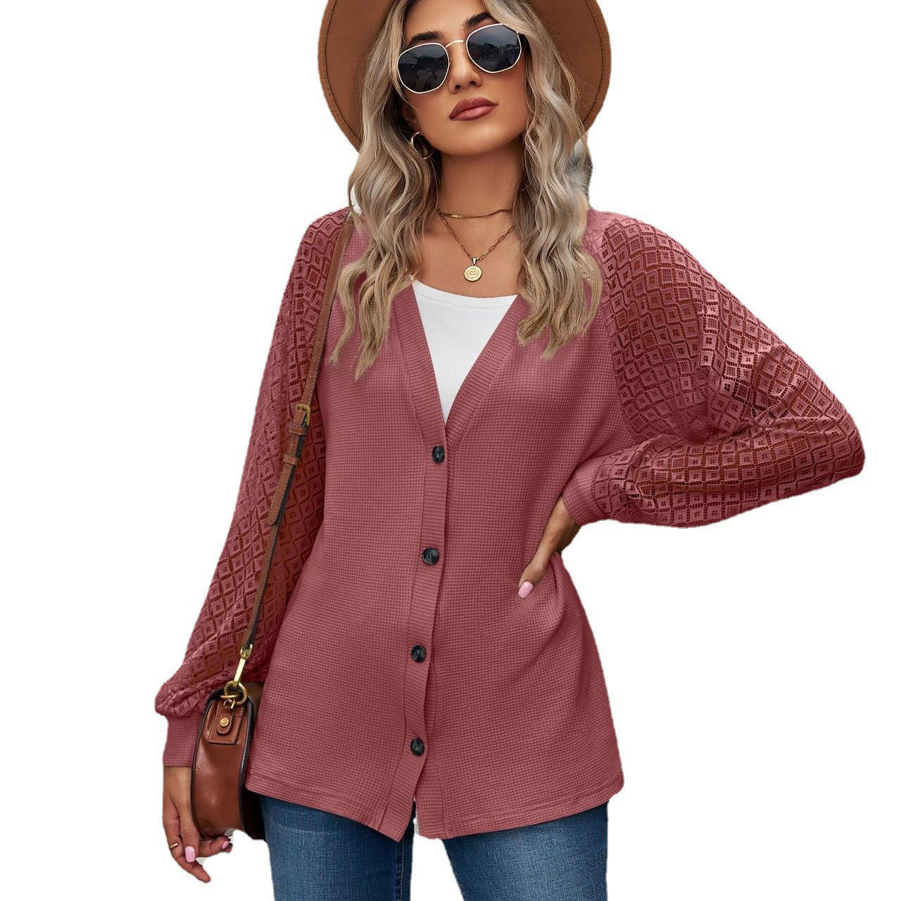 European And American Autumn And Winter Long Sleeve Solid Color Loose Button Lace Stitching Cardigan Top Women