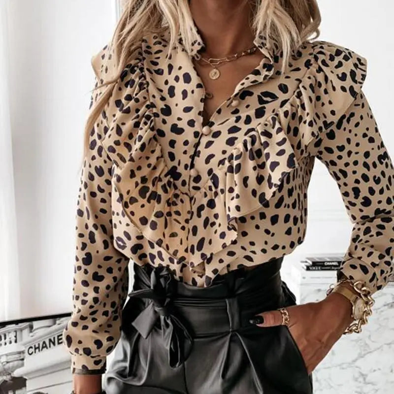 Casual Long Sleeve Leopard Dot Print Ruffles Chiffon Blouse Women Loose Shirt Elegant Office Lady V Neck Tops and Blouses