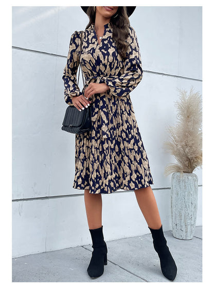 Women's Pleated Print Long Sleeve Dress