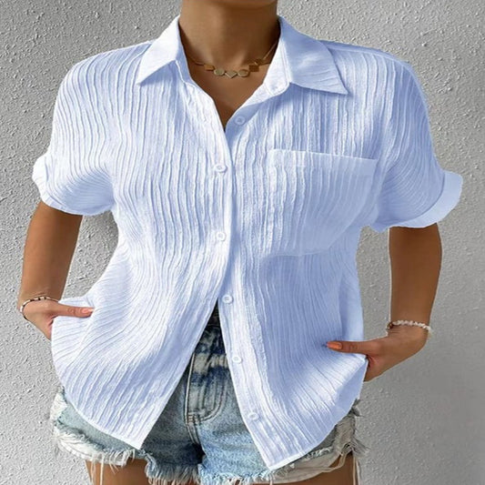 Women's Pure Color Comfort Casual Polo Collar Pocket Short Sleeve Shirt