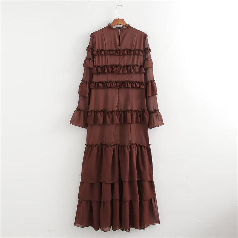 French Style Design Chiffon Multi-layer Ruffled Long Sleeve Dress