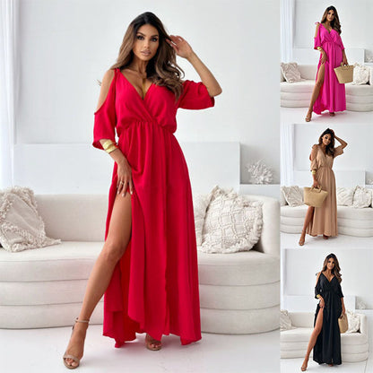 V-neck Slit Hemline Dress Off-the-shoulder Sleeves Sexy Sling Dress