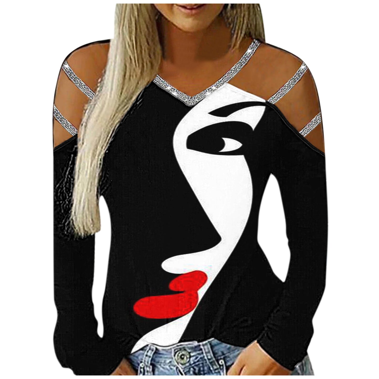 Ladies Casual V-Neck Printed Cutout Off Shoulder Long Sleeve T-Shirt