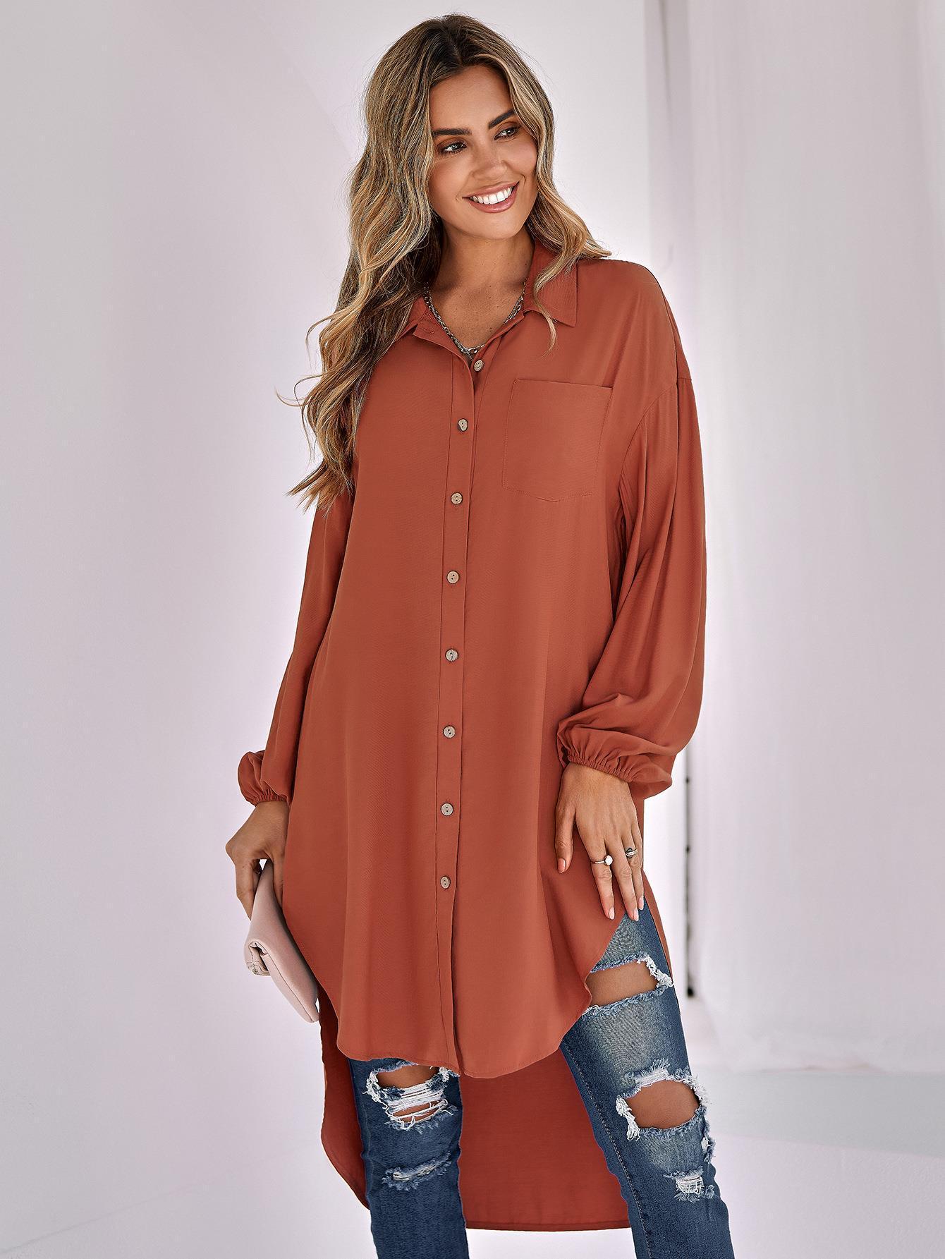 New Women's Casual Solid Color Loose Long Lapel Shirt