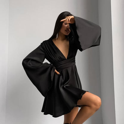 Satin Black V-neck Bell Sleeve Slim Fit Dress