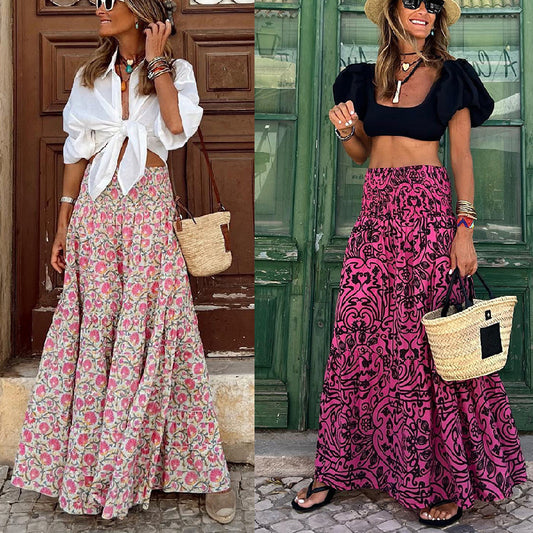 Printed Long With Large Swing Vacation Skirt