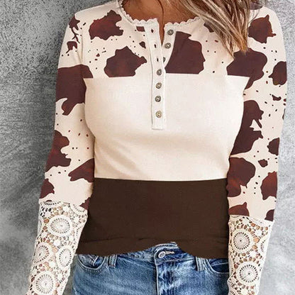 Printed Long-sleeved Top Women's Slim Knit Pullover