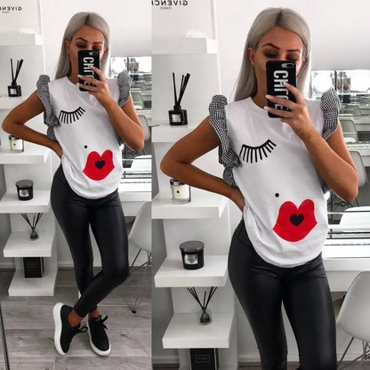 New Summer  Fashion Printed Mouth Lip Print Eyelash Round Neck Top Women's T-shirt