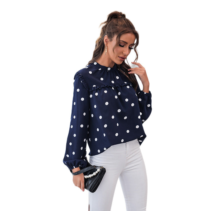 Stand-up Collar Shirt Loose Polka Dot French Shirt Bishop Sleeves Top