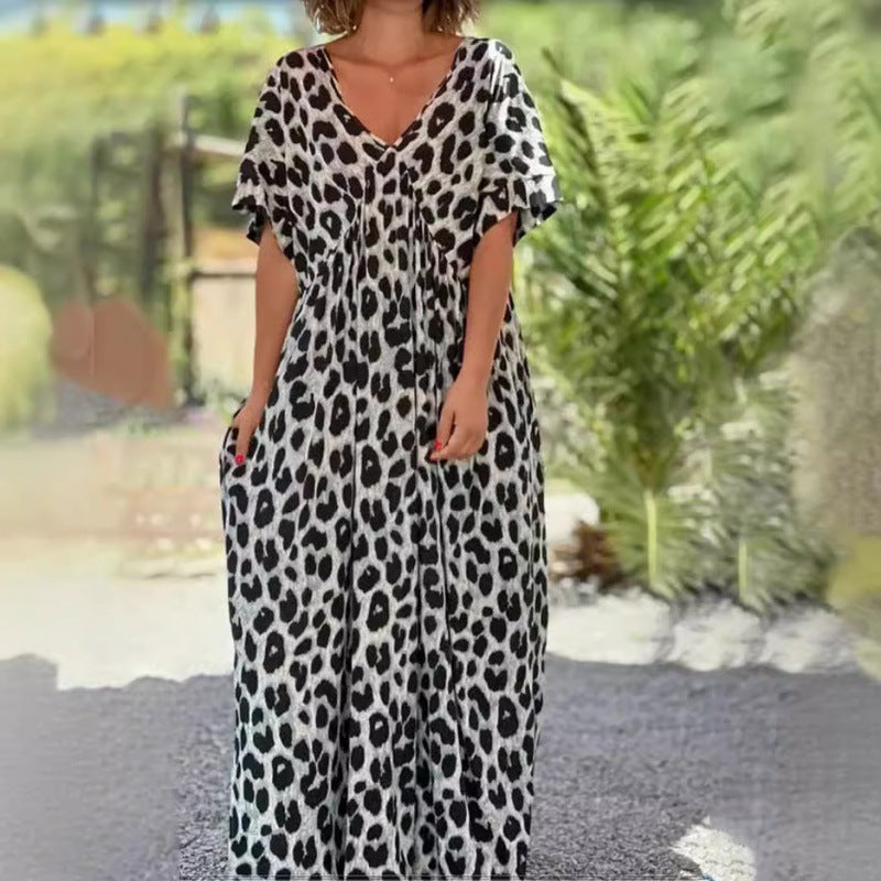 European And American Loose Leopard Print Short Sleeve Length Dress