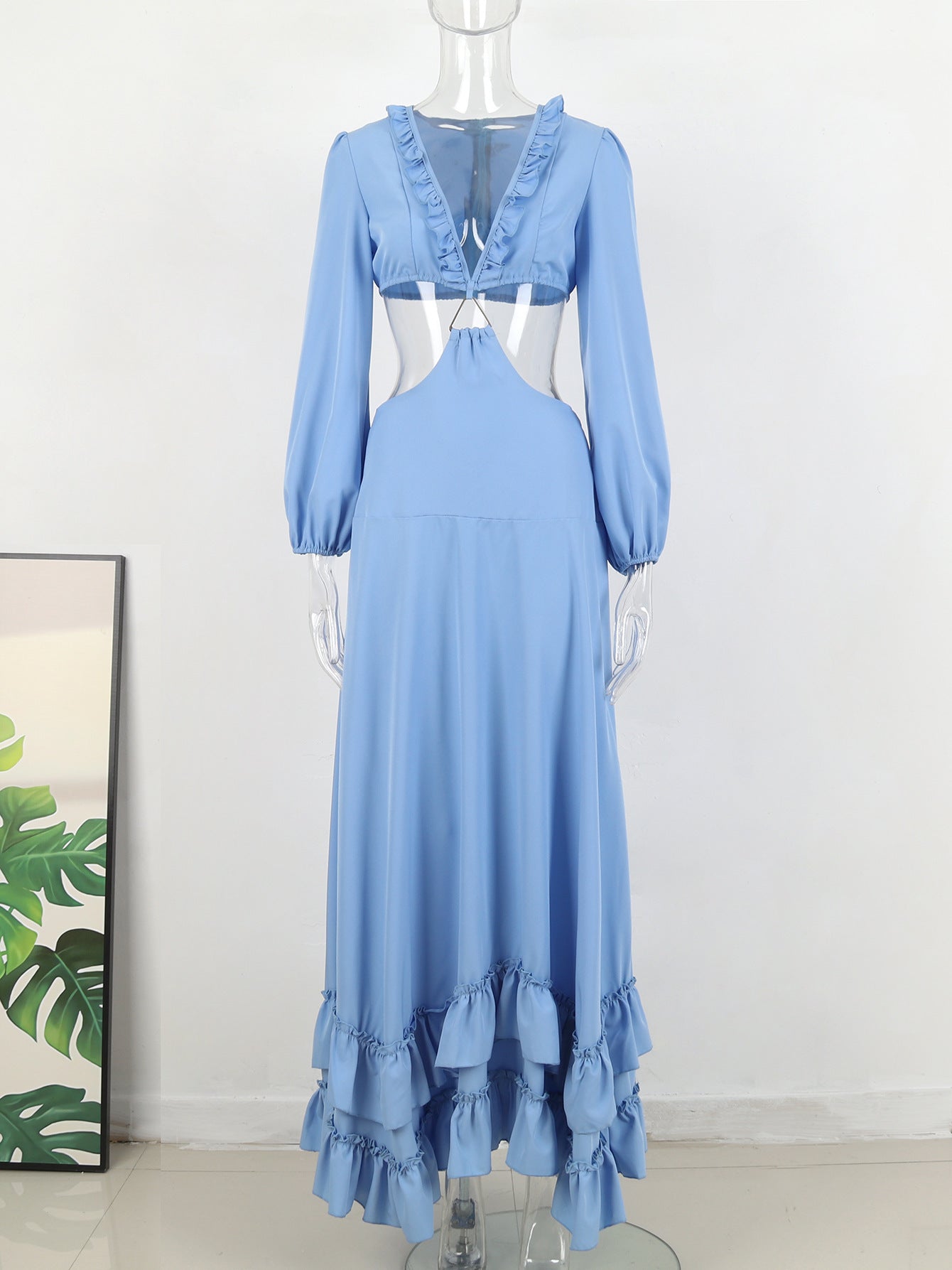 Pure Blue Deep V-neck Midriff Outfit Women's Long Sleeve Long Dress