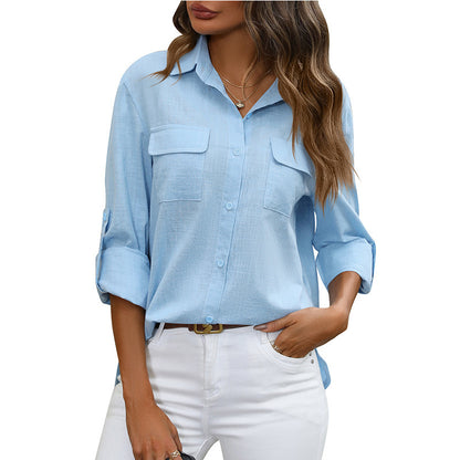 European And American Style Women Button Loose Shirt Solid Color Casual