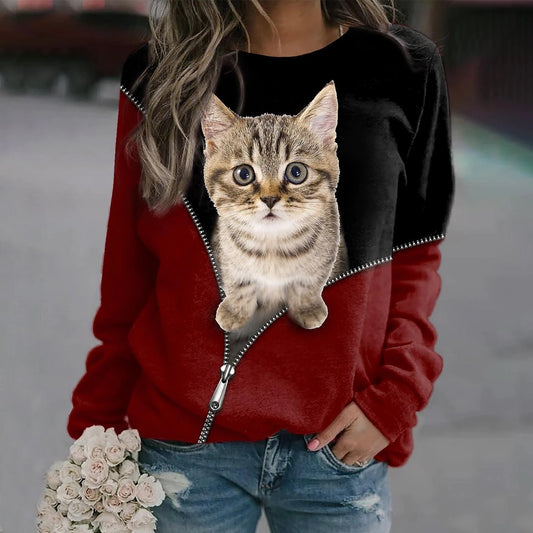 Women's Cat Zipper Digital Printed Round Neck Long-sleeved Sweater