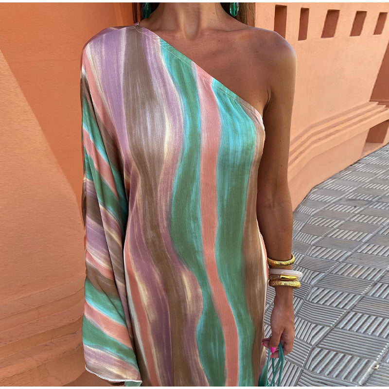 Women's Striped Color Matching Shoulder Dress