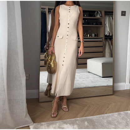 Round Neck Sleeveless Single-breasted High Waist Slim Party Banquet Long Dress