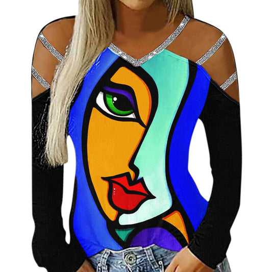 Ladies Casual V-Neck Printed Cutout Off Shoulder Long Sleeve T-Shirt