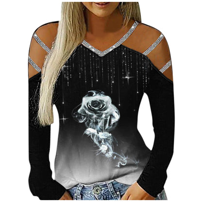 Ladies Casual V-Neck Printed Cutout Off Shoulder Long Sleeve T-Shirt