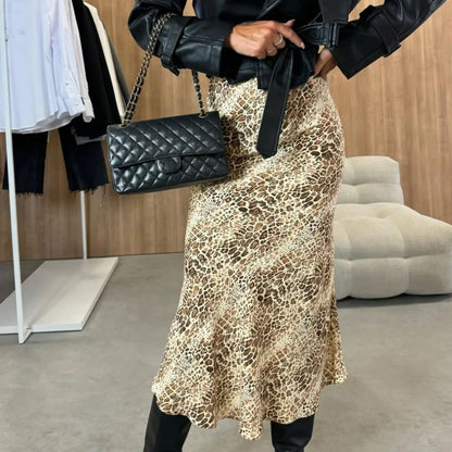 Women Midi Skirt High Waist A Line Leopard Print Bottom Loose Fit Mid-calf Length Skirt Women Elegant Office Slim Zipper Skirt