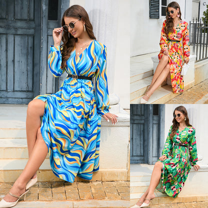 Printed V-neck Pleated Long Sleeve Dress Women