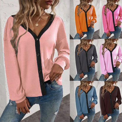 New Women's Top Waffle Long Sleeve Cardigan T-shirt