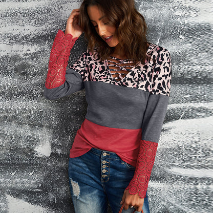 Women's New Leopard Print Long-sleeved T-shirt Lace Stitching Design Top