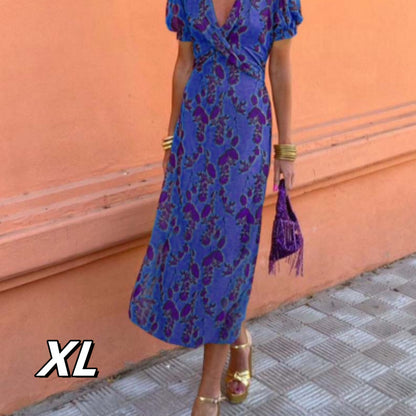 Women's Fashion Color Contrast Printed Long Elegant Slim V-neck Short Sleeve Dress