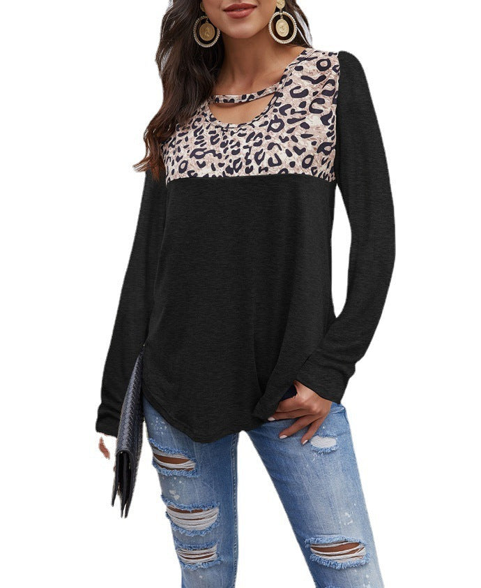 Ladies T-Shirt Crew Neck Leopard Print Panel Long Sleeve Loose Top