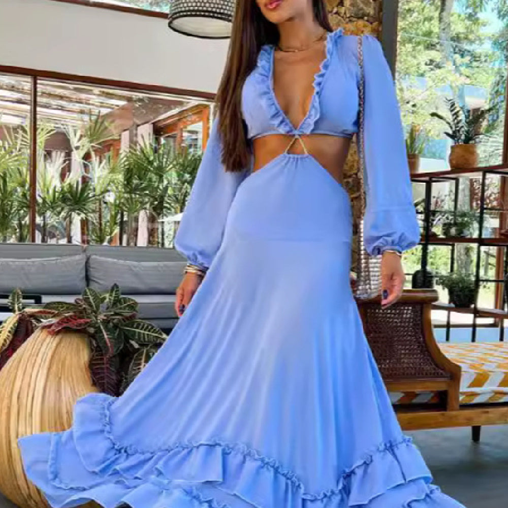 Pure Blue Deep V-neck Midriff Outfit Women's Long Sleeve Long Dress