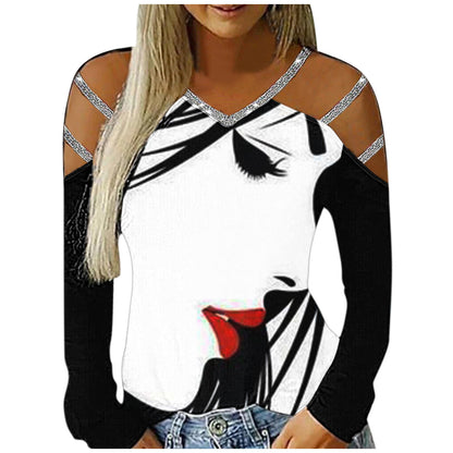 Ladies Casual V-Neck Printed Cutout Off Shoulder Long Sleeve T-Shirt