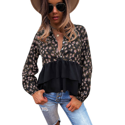 Printed Panel Solid V-neck Button Casual Top