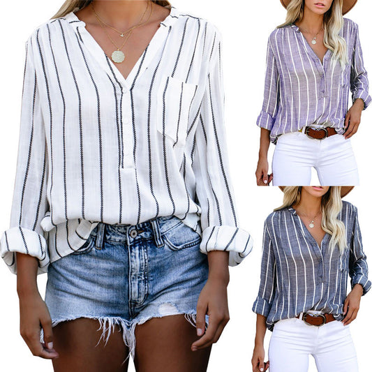 Striped Shirt Loose Single Breasted Long Sleeve Top Women's