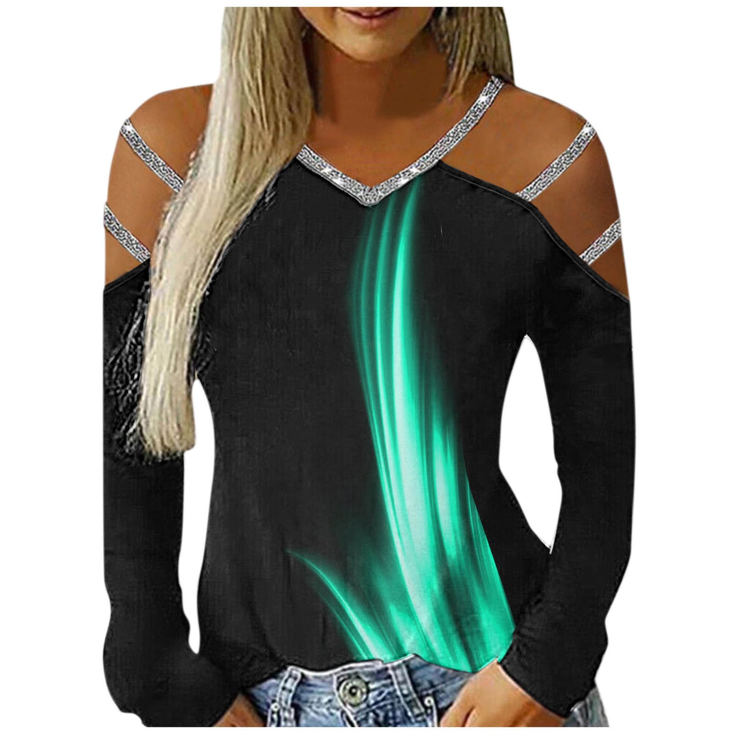 Ladies Casual V-Neck Printed Cutout Off Shoulder Long Sleeve T-Shirt