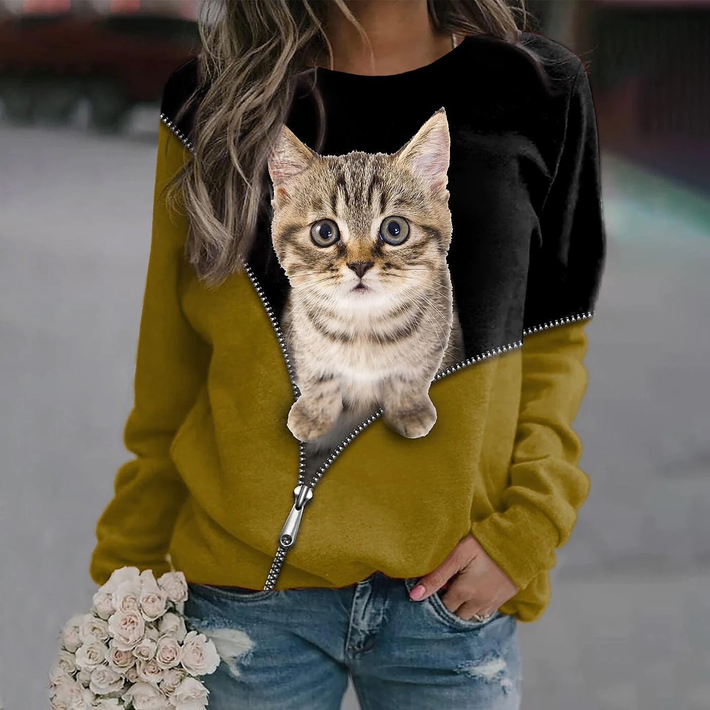 Women's Cat Zipper Digital Printed Round Neck Long-sleeved Sweater