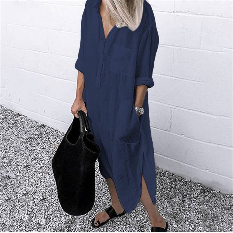 Solid Color Slit Simple Clinch Long Shirt Dress Women