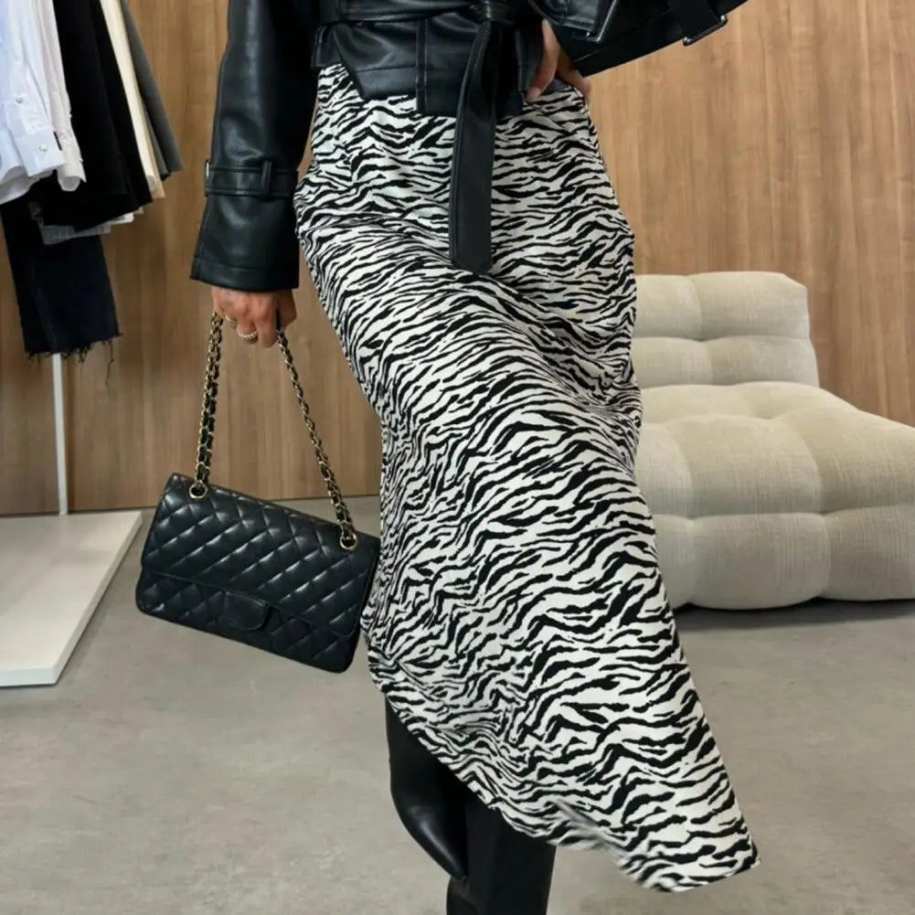 Women Midi Skirt High Waist A Line Leopard Print Bottom Loose Fit Mid-calf Length Skirt Women Elegant Office Slim Zipper Skirt