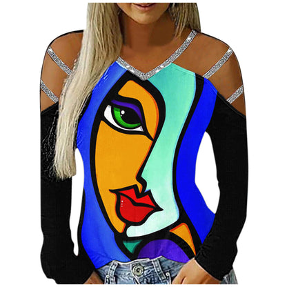 Ladies Casual V-Neck Printed Cutout Off Shoulder Long Sleeve T-Shirt