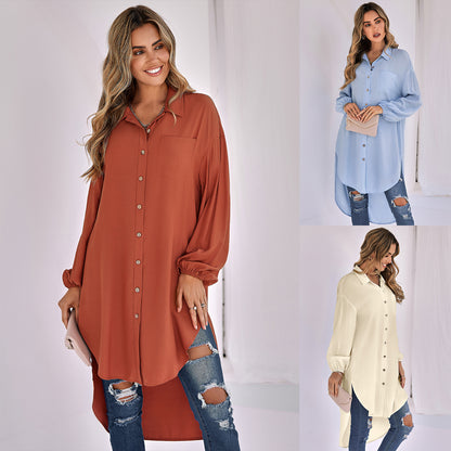 New Women's Casual Solid Color Loose Long Lapel Shirt