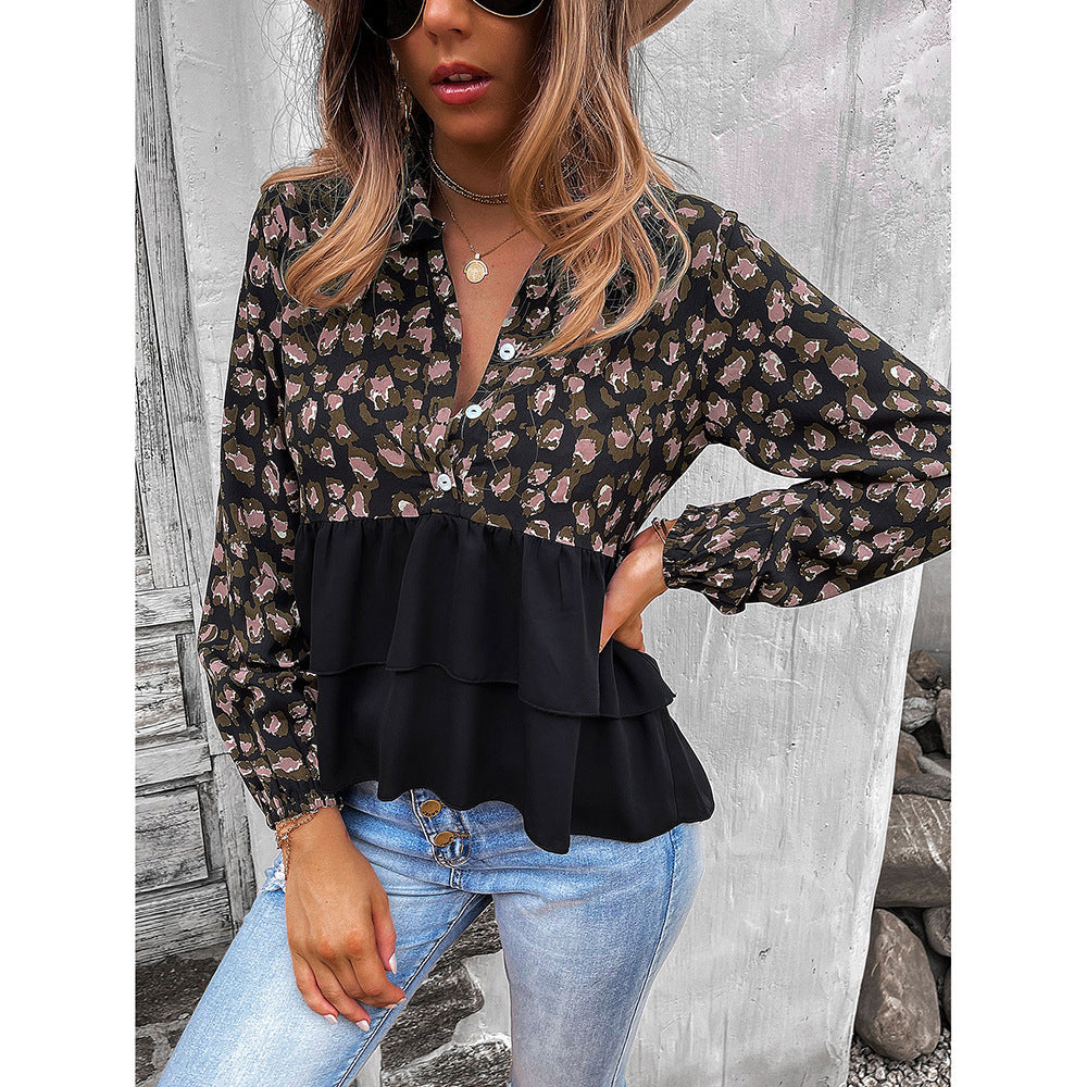 Printed Panel Solid V-neck Button Casual Top