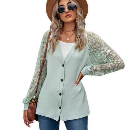 European And American Autumn And Winter Long Sleeve Solid Color Loose Button Lace Stitching Cardigan Top Women