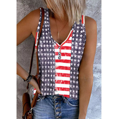 Printed Button V-neck Sleeveless Slim Casual Vest