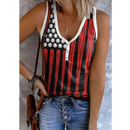 Printed Button V-neck Sleeveless Slim Casual Vest