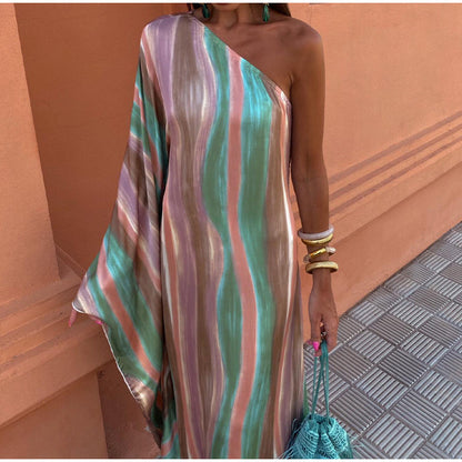 Women's Striped Color Matching Shoulder Dress