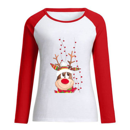 New Women's Loose Round Neck Christmas Deer Printed Raglan Sweet Long Sleeve T-shirt