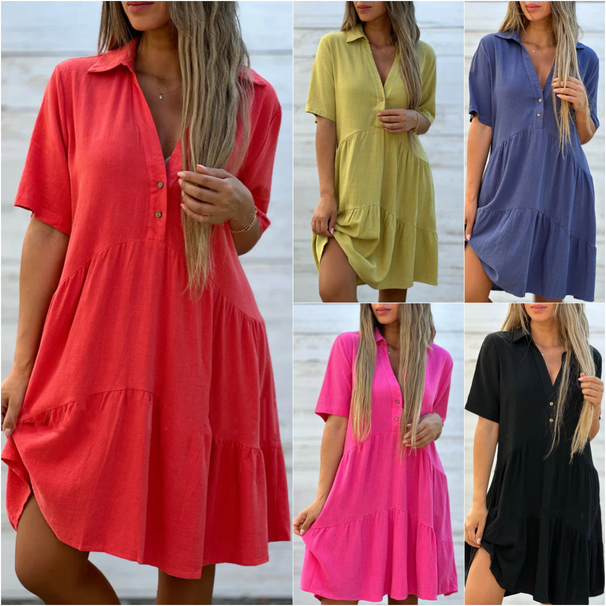 Women's Fashion Loose Solid Color Polo Collar Casual Short Sleeve Cotton Linen Dress