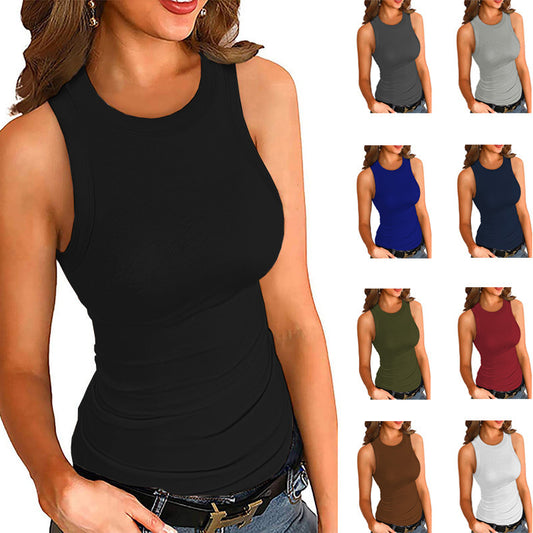 Summer New European And American Solid Color Round Neck Vest Inner Match I-shaped Women's Top