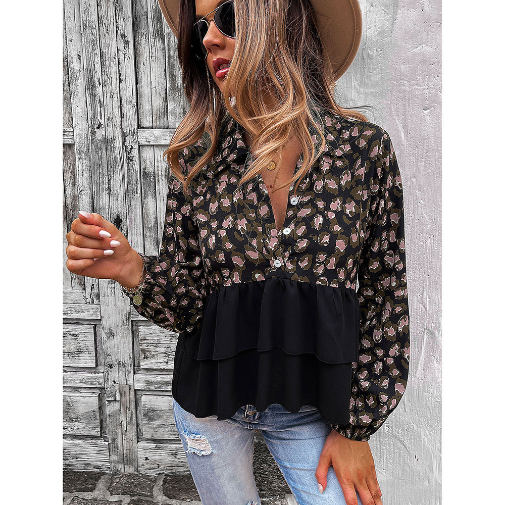 Printed Panel Solid V-neck Button Casual Top