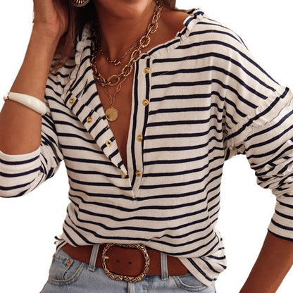 Women's Striped Top Long-sleeve Button