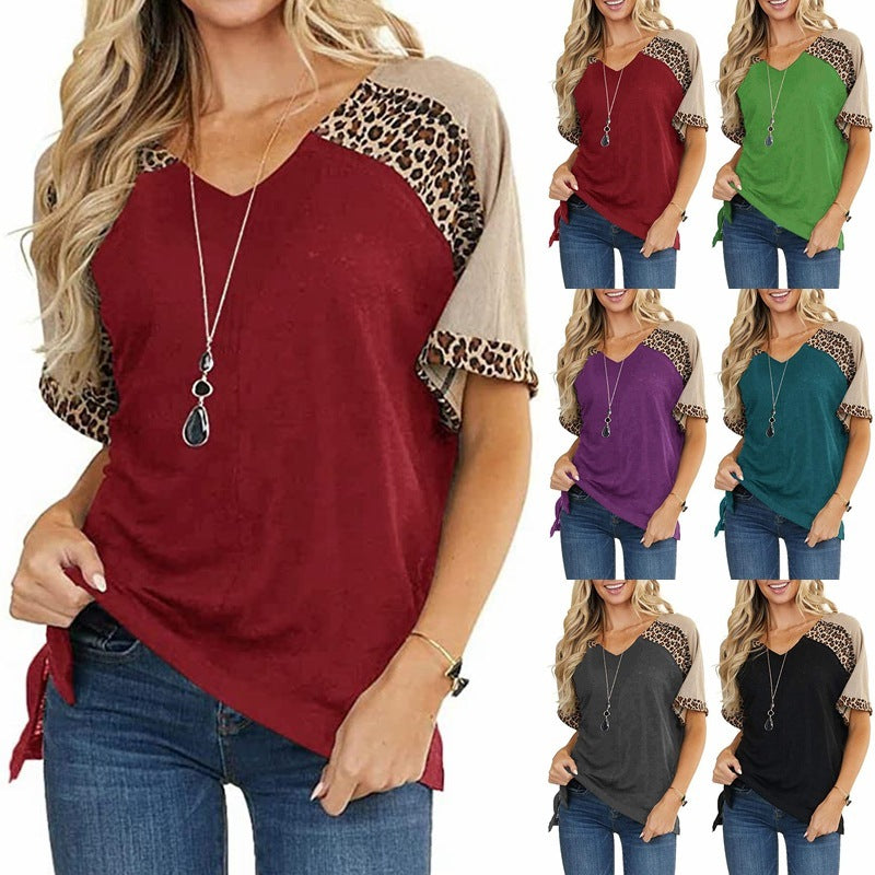 New Leopard Splicing Loose Casual Short Sleeve T-shirt Top Women