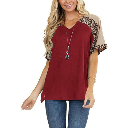 New Leopard Splicing Loose Casual Short Sleeve T-shirt Top Women